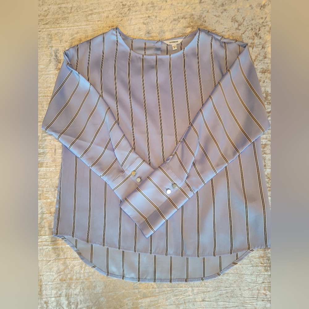 Express M Sky Blue w/ Black & White Stripes Long Sleeve Blouse